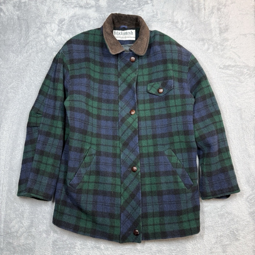 Mackintosh New England Jacket Women 6 Green Blue Plaid Wool Suede Collar